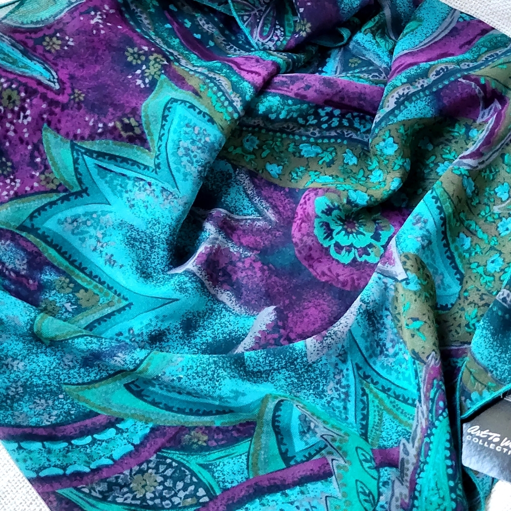 Designer Blue Purple Violet Scarf Silk/Viscose Bow Jabot Paisley Big Brooch - Picture 14 of 17